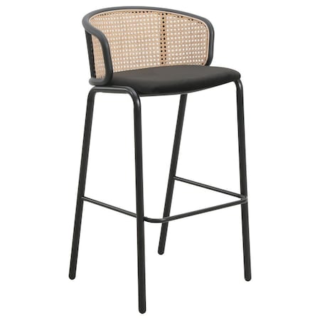 Leisuremod Ervilla Wicker Bar Stool with Fabric Seat and Black Powder Coated Steel Frame, Black EBBL-31BL