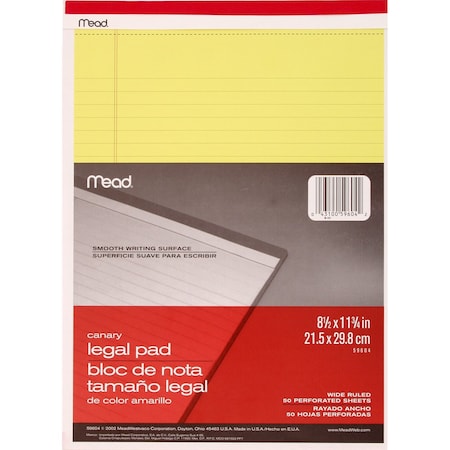 Mead Legal Pad, 8 1/2in x 11in, Canary 59604