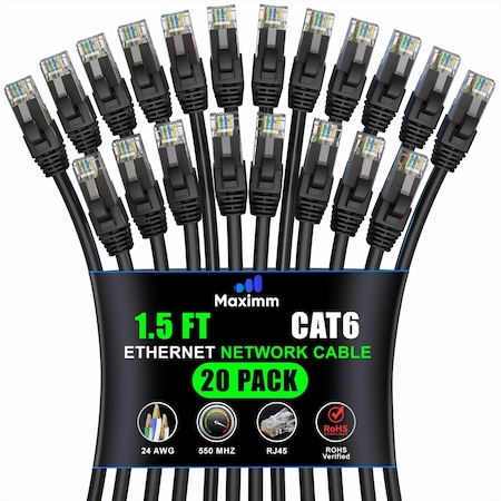 Maximm Cat6 Ethernet Cable 1.5ft 10Gbps 550MHz UTP, 20PK, Black, 20PK BK20PK03