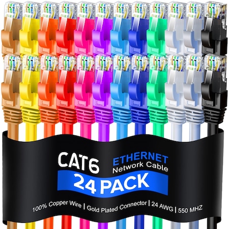 Maximm Cat6 Round LAN Patch Cable 10ft, Multicolor, 24PK PK6021