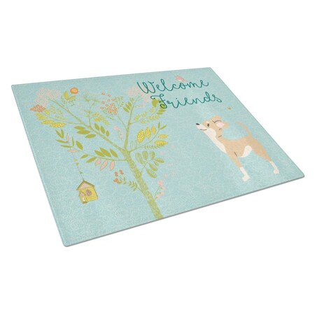 Carolines Treasures Welcome Friends Brown White Chihuahua Glass Cutting Board, Large BB7628LCB