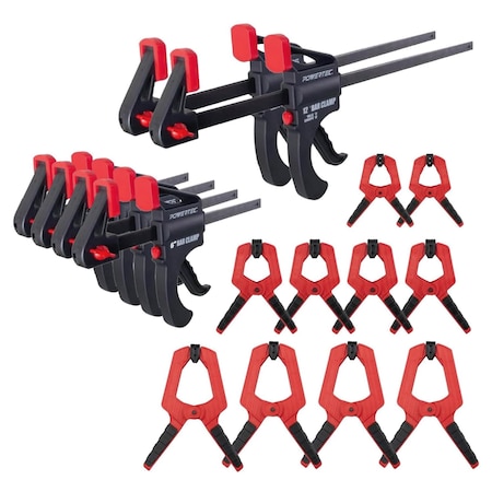 Powertec 6in & 12in Bar Clamps, Spreaders 6PK & 2-4in Spring Clamps 10PK, Trigger Clamps & Plastic Clips Set 71941N