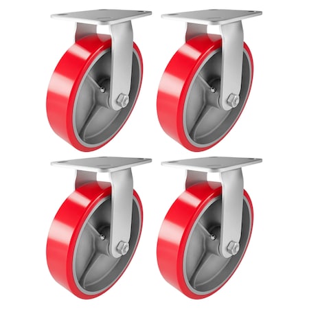 Hyw Products Heavy Duty Caster Set 8in Red Polyurethane on Cast Iron Wheels, 4 Rigid, 4PK 40-80R-A1-PC-4 (R)