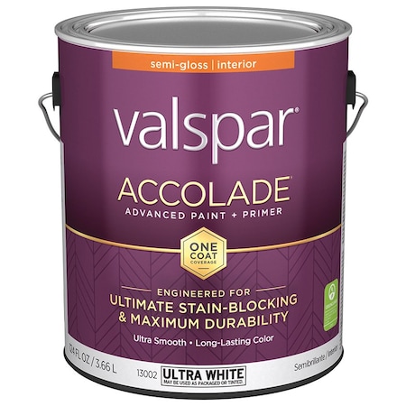 Valspar 1 Gal 13002 Ultra White Base Accolade Interior Paint & Primer, Semi-Gloss 13002
