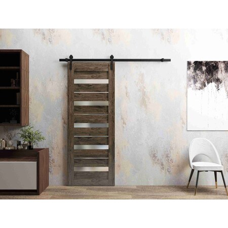 Sartodoors Sturdy Barn Door 24 x 96in, Cognac Oak W/ Frosted Glass, 6.6FT Rail Hangers Heavy Hardware Set QUADRO4445BD-B-AKA-2496