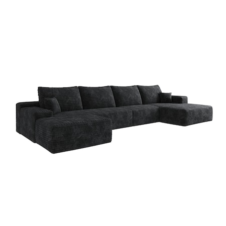 Homeroots 107" Black Corduroy Modular Compression Foam Sofa With Ottoman And Toss Pillows 712953