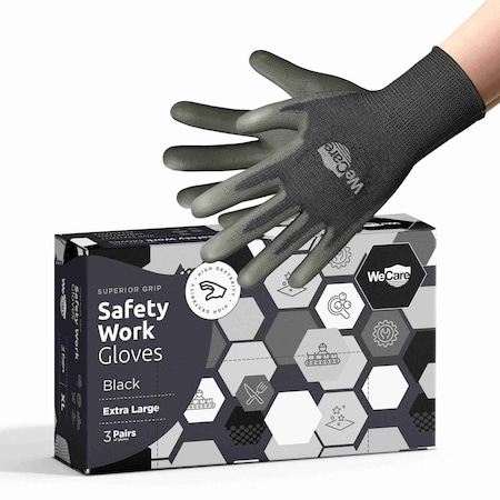 Wecare PU Coated Safety Gloves, Black, 3 PK WMN100207