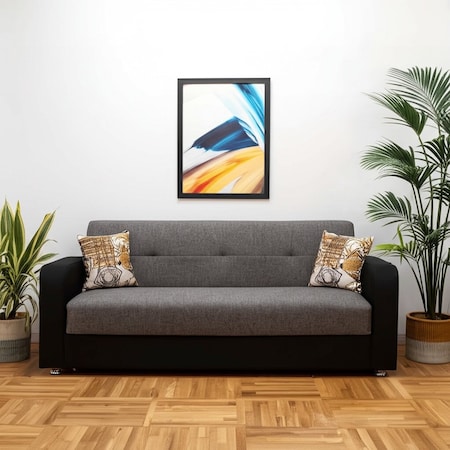 Homeroots 90" Gray Chenille And Faux Leather Convertible Futon Sleeper Sofa And Toss Pillows With Storage 607179