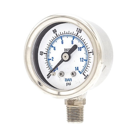 Zoro Select Pressure Gauge, 1/4 in NPT, Bottom Location PRO-301L-158D-01