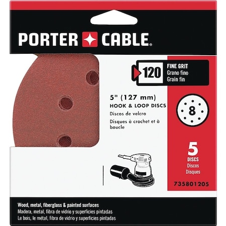 Porter-Cable Sanding Disc, 5 in Dia, 120 Grit, Fine, Aluminum Oxide Abrasive, 8-Hole 735801205