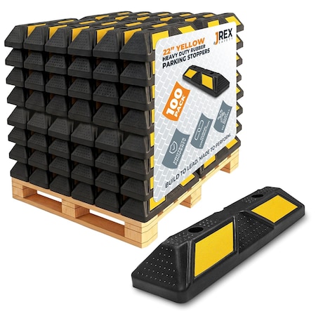 Jrex Safety 22 in Rubber Parking Block Curb Stop, Yellow Reflective Strip, 100PK PBSY-JR-2-FP100