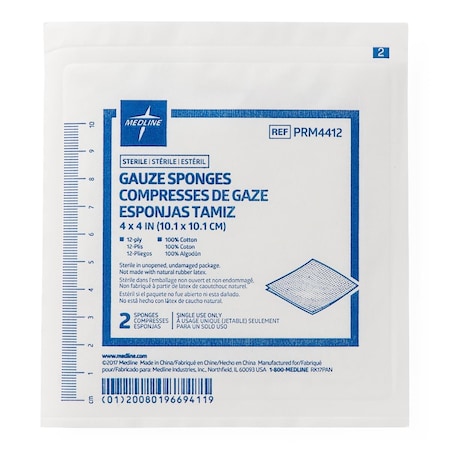 Medline Woven Sterile Gauze Sponges, 12-Ply, 4in x 4in, 2/Pack, 2PK PRM4412HH