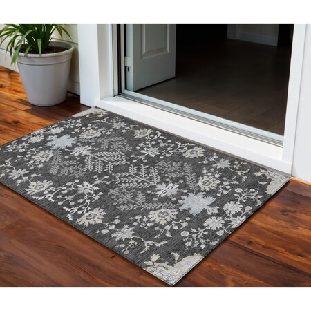 Homeroots 3' X 5' Charcoal Gray And Beige Floral Washable Indoor Outdoor Area Rug 605461