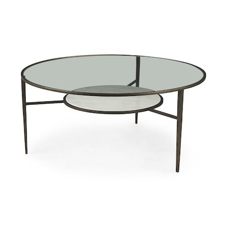 Homeroots 36" Clear and Bronze Glass and Metal Round Coffee Table With Shelf 393172