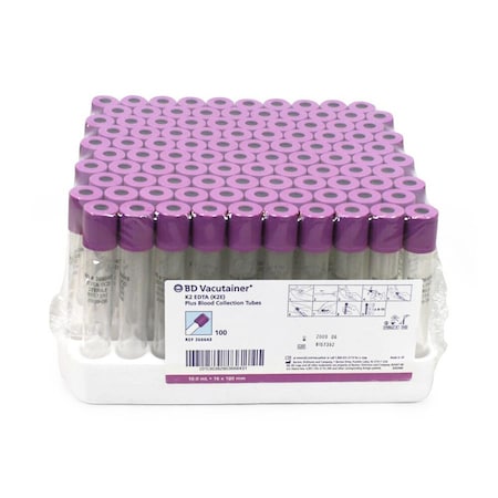 Bd Vacutainer BC Tube with K2 EDTA, Plastic, Lavender Hemogard Closure, 16x100 mm, 10mL, 18 mg, 100PK 366643