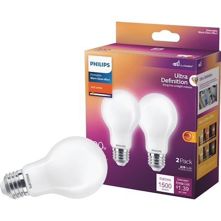 Signify Ultra Definition Warm Glow 100W Equivalent Soft White A19 Medium LED Light Bulb, 2PK 587006