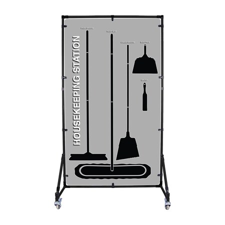 5S Supplies 5S Housekeeping Shadow Board Broom Station Version 11 - Gray Board / Black Shadows  With Broom HSB-V11-GRAY/BLACK-KIT