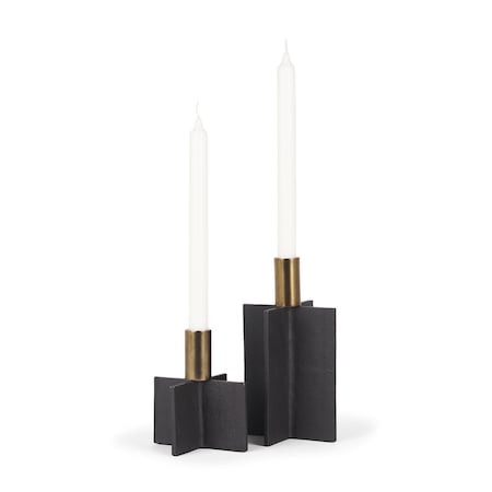 Homeroots Set of Two Black And Gold Geometric Metal Tabletop Taper Candle Holders, 2PK 608536