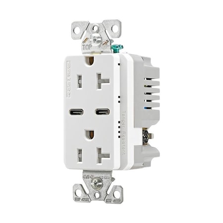 Eaton Wiring Devices Combination USB Receptacle, 2-Pole, 20 A, 125 V, 2-USB Port, Type C USB, NEMA: 5-20R, White TRUSBC20W-BOX
