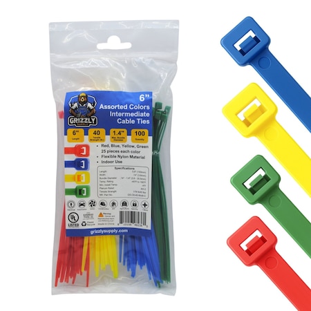 Grizzly Supply Cable Tie, 6 in L, 40 lb Strength, 1.4 in Max Bundle Dia, Nylon 6/6, Assorted Colors, 100PK GS-C6-40-Multi-C
