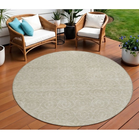 Homeroots 8' Beige Round Geometric Washable Indoor Outdoor Area Rug 607472