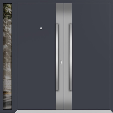Vdomdoors Metal Double Doors Deux 0729 Gray Graphite Stainless Steel Insert 1 Sidelight Entry Modern Painted DEUX0729DEXD-GRE-W72+14xH80-LH-I