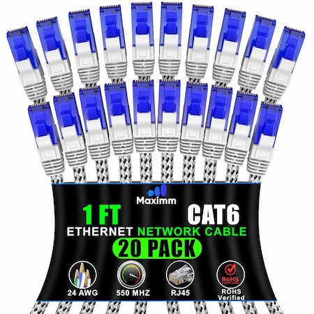 Maximm Cat6 Patch Cable 1ft, 20PK, White, 20PK CAT6BRD-20PK-WH-1FT