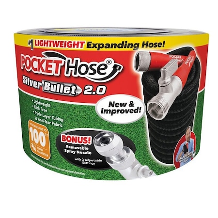 Pocket Hose Silver Bullet Expanding Garden Hose, 3/4 in, 100 ft L, Plastic, Black 2.0 17845-6