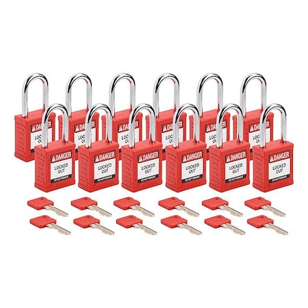 Brady Padlock, Keyed Different, Nylon, Red, 1 1/2 in Shackle Height, 1 1/2 in Body Width, 12 No. of Keys SDPL-RED-38ST-KD12
