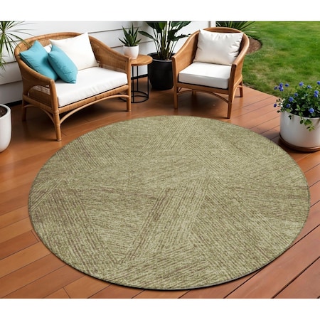 Homeroots 8' Green Beige And Brown Round Abstract Washable Indoor Outdoor Area Rug 597012