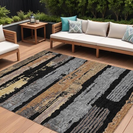 Homeroots 9' X 12' Black Gold And Brown Striped Washable Indoor Outdoor Area Rug 616644