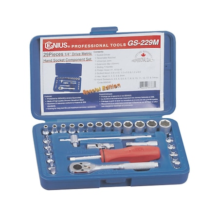 Genius Tools 29PC 1/4inDr. Metric Hand Socket Set GS-229M