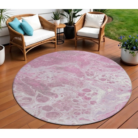 Homeroots 8' Pink And Ivory Round Abstract Washable Indoor Outdoor Area Rug 618312