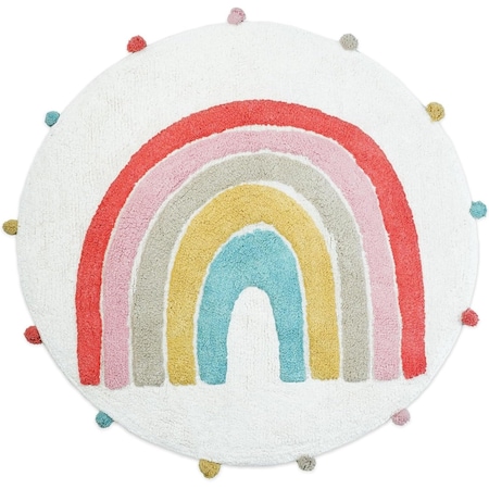 Homeroots 32" White Pink And Yellow Cotton Rainbows Round Youthful Bath Rug 634886