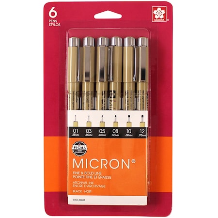 Sakura Pigma Micron Pens, Black, Assorted Sizes, 6-Piece Set, Blister Card 50058