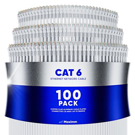 Maximm Cat6 Ethernet Cable 8ft 10Gbps 550MHz UTP, 100PK, White, 100PK WH100PK10