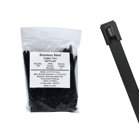 Cable Ties Unlimited Cable Tie, 6 in L, 300 lb Strength, 1.4 in Max Bundle Dia, Coated 316 Stainless Steel, Black, 100PK SSPCoated6-HD