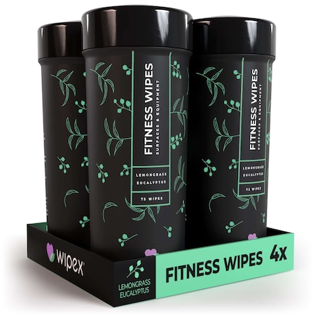 Wipex Natural Fitness Wipes 75ct Canister, 4 pack Lemongrass/Eucalyptus, Gym Equipment Cleaning Wipes, 4PK WX30047LE4