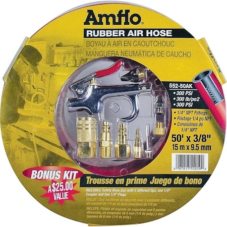 Amflo Air Hose Kit, 3/8 in OD, 50 ft L, MNPT, 300 psi Pressure, Rubber, Red 552-50AK-5