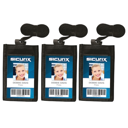 Sicurix ID Neck Pouch Badge Holder, Vertical, Adjustable Cord, 4in x 2-1/4in Insert, Black, 3PK 55120