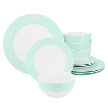 Martha Stewart 12 Piece Banded Fine Ceramic Dinnerware Set in Baby Blue 138981.12