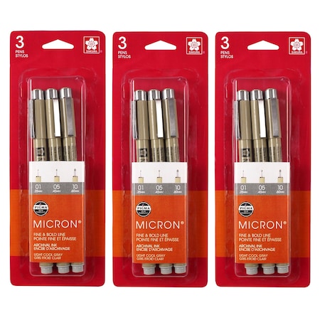 Sakura Pigma Micron Pens, Light Cool Gray, Assorted Sizes, 3PK 50162
