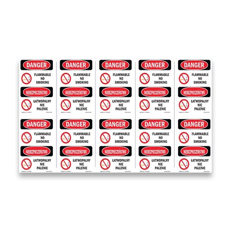 OSHA Danger Sign, Flammable No Smoking Bilingual, 5in X 3.5in Decal, 10PK, OS-DS-D-35-VP-1824-10PK