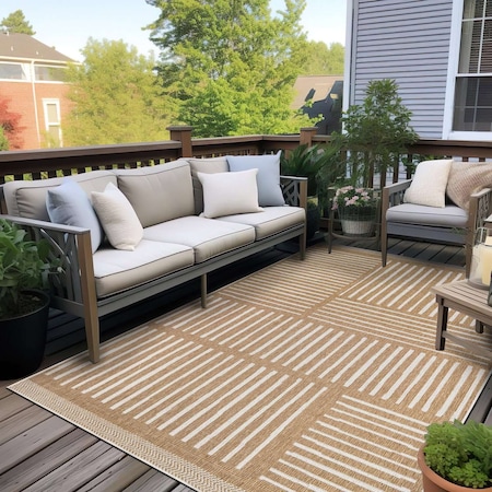 World Rug Gallery Contemporary Stripe Weather Resistant Reversible Indoor/Outdoor Rug 5 ft x 7 ft Natural WR113NATURAL5X7