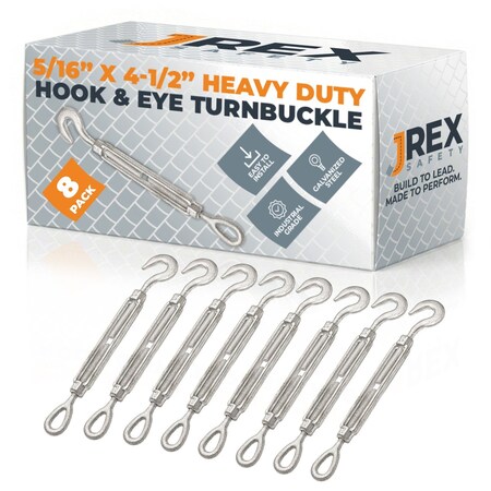 Jrex Safety Galvanized Steel Hook and Eye Turnbuckle - 5/16" x 4-1/2", 8PK GTB516-JR-HE-8PK