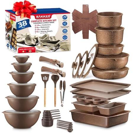 Bakkenmaster Bakken Master 38 Piece Granite Cookware and Bakeware Set, Nonstick Granite Coating BKCWSTK38BRN