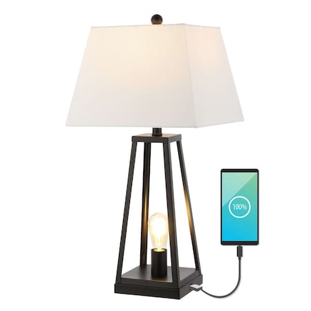 Jonathan Y Waylon 28.5" Classic Industrial Iron Nightlight LED Table Lamp with USB Charging Port, Black JYL8503A