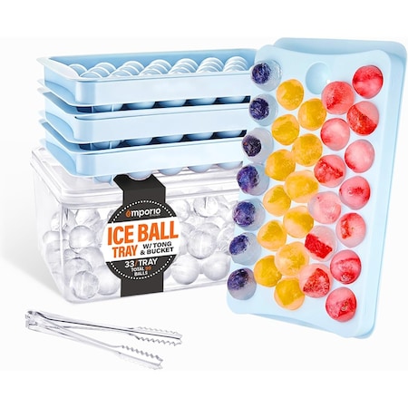 Emporio Kitchen Round Ice Cube Tray Set, 99 Ice Balls, Stackable, Easy-Release, with Lid and Bin, Blue EMPICET98