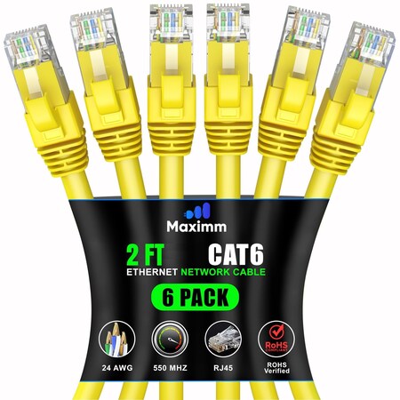 Maximm Cat6 Ethernet Cable 2ft 10Gbps 550MHz UTP, 6PK, Yellow, 6PK CAT6CCA-2YL-6PK