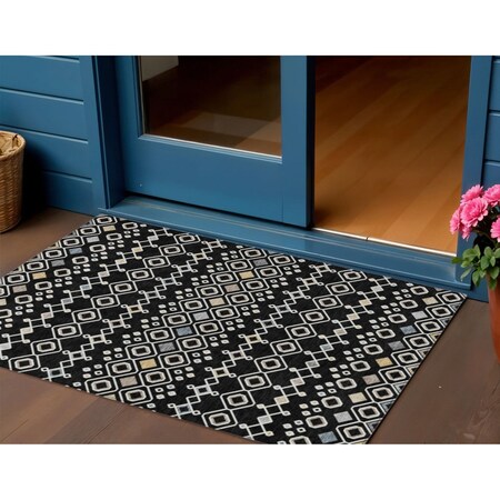 Homeroots 3' X 5' Black Ivory And Blue Geometric Washable Indoor Outdoor Area Rug 612172